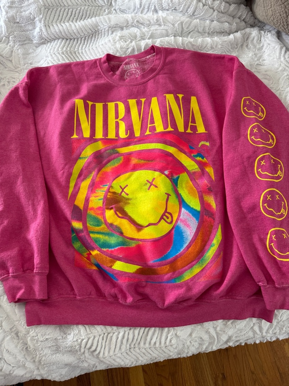NIRVANA Magenta Tie-Dye Smiley Crewneck Sweatshirt